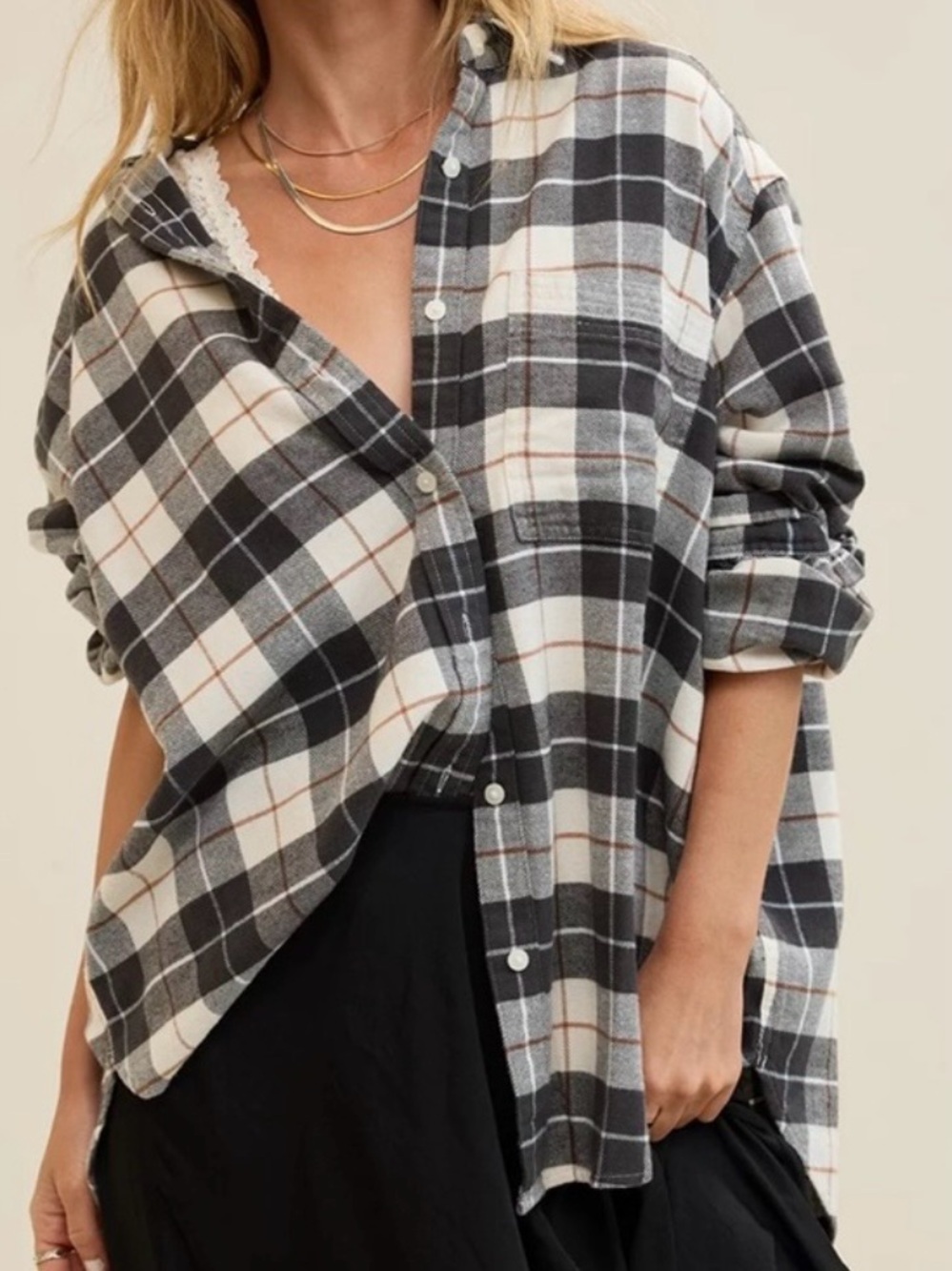 Aerie Anytime Fave Flannel Oversized Shirt Plaid Button Up White Brown Black M